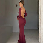 Ruched Backless Long-Sleeve Bodycon Maxi Dress