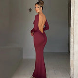 Ruched Backless Long-Sleeve Bodycon Maxi Dress