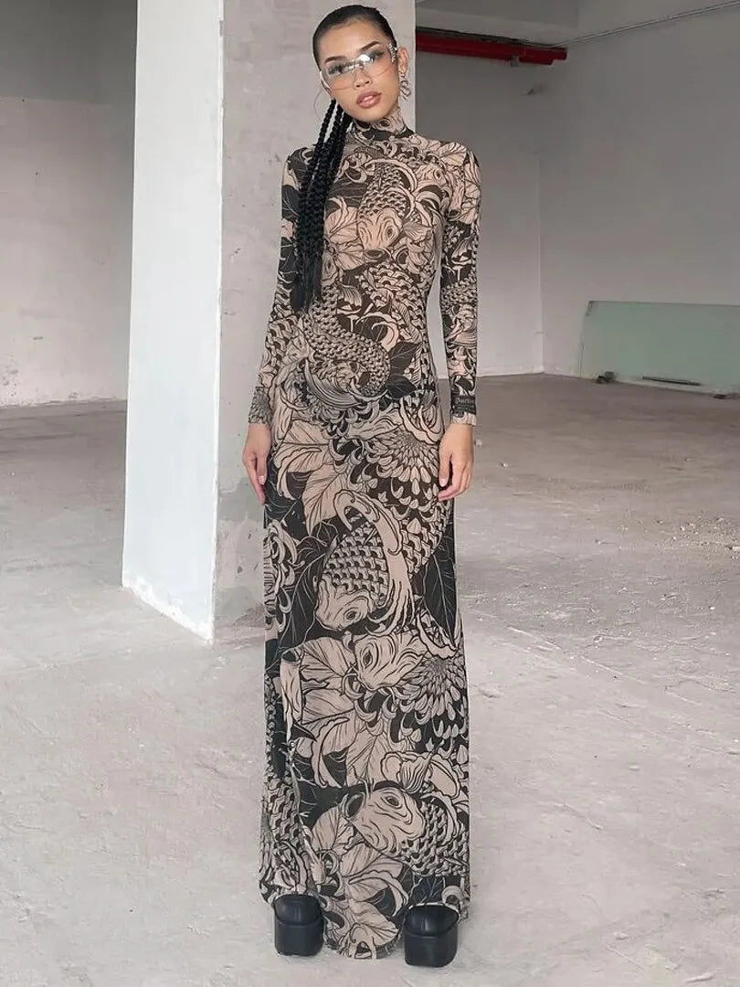 Mesh Sheer Long-Sleeve Bodycon Maxi Dress