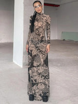 Mesh Sheer Long-Sleeve Bodycon Maxi Dress