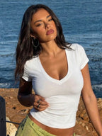 V-Neck Short-Sleeve Bodycon Slim-Fit T-Shirt