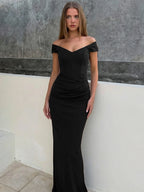 Ruched Backless Side-Slit V-Neck Maxi Dress