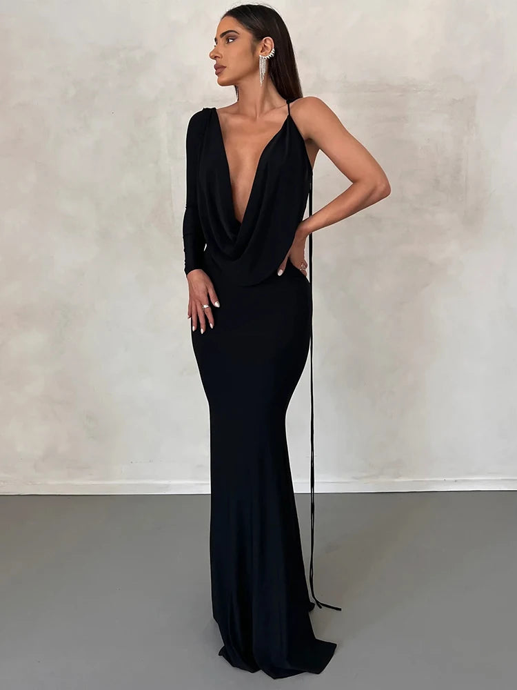 Lace-Up Long-Sleeve Maxi Dress