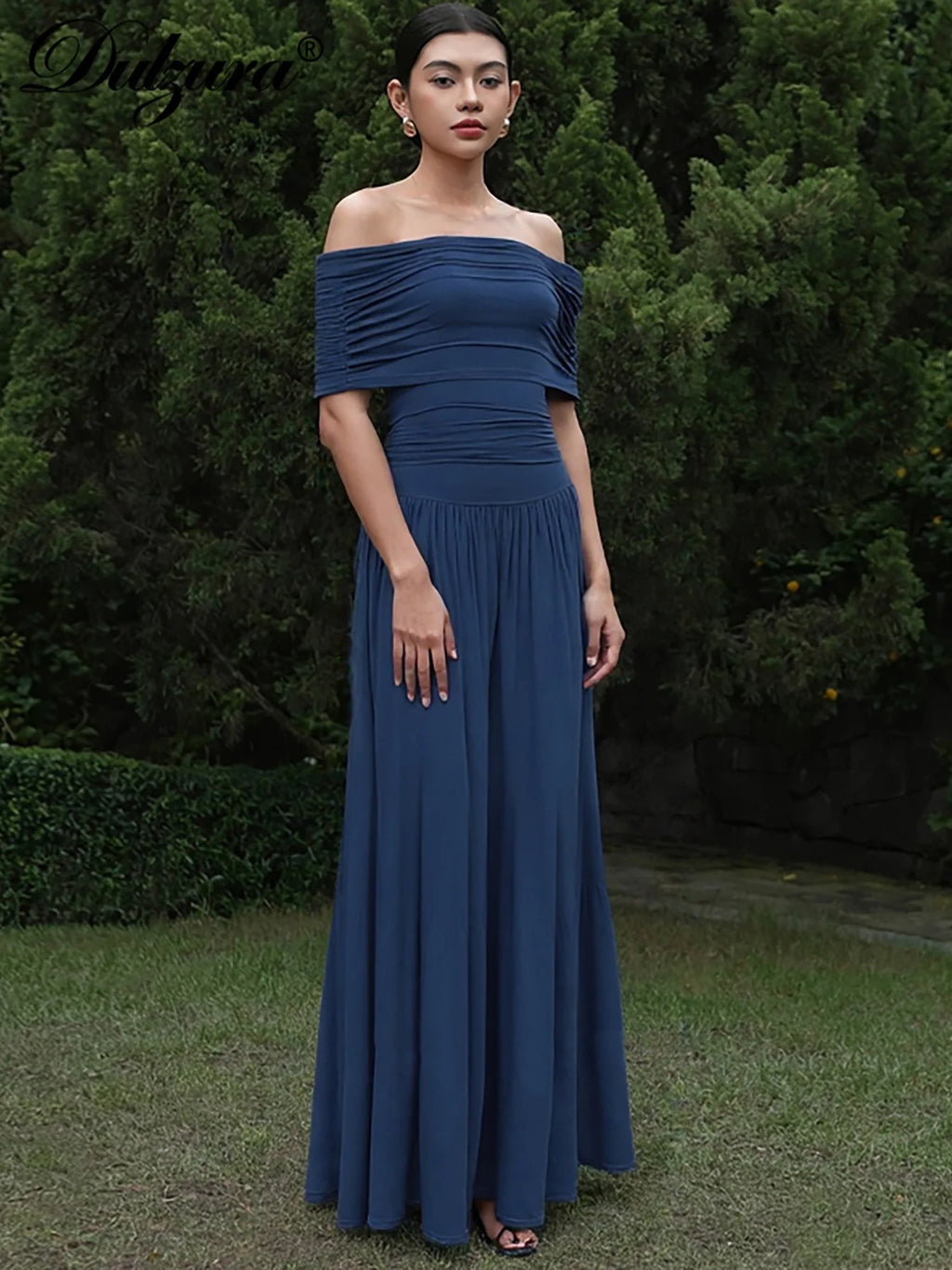 Ruched Pleated Backless Off-Shoulder Maxi Dress