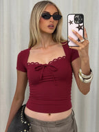 Lace-Up Ruffle Square-Neck Short-Sleeve T-Shirt