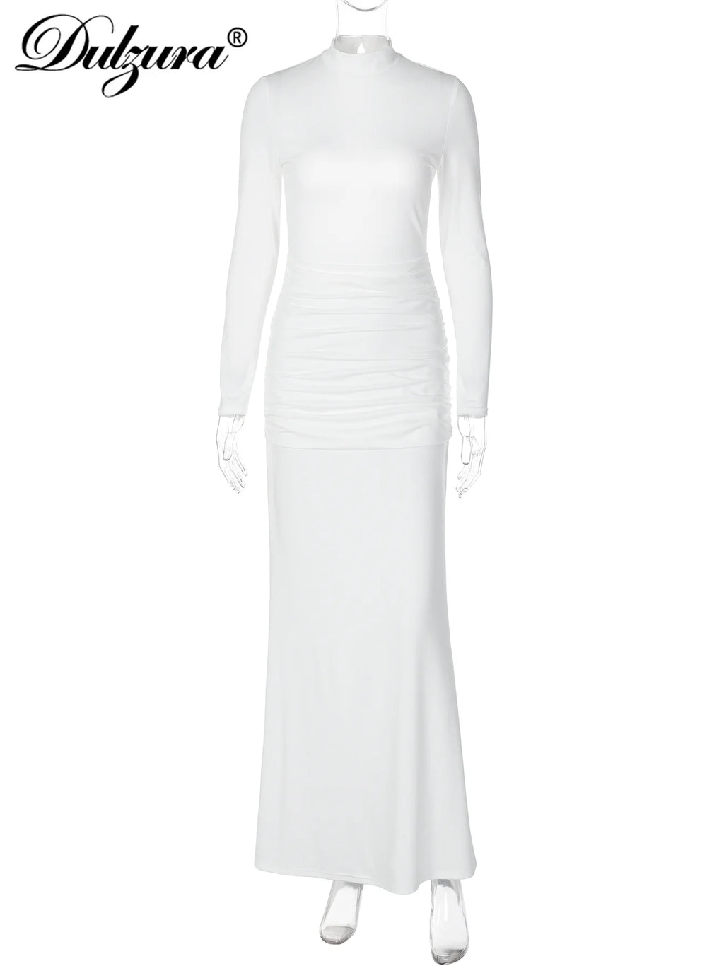 Ruched Backless High-Neck Long-Sleeve Maxi Dress