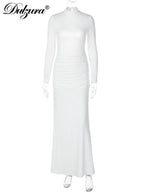 Ruched Backless High-Neck Long-Sleeve Maxi Dress