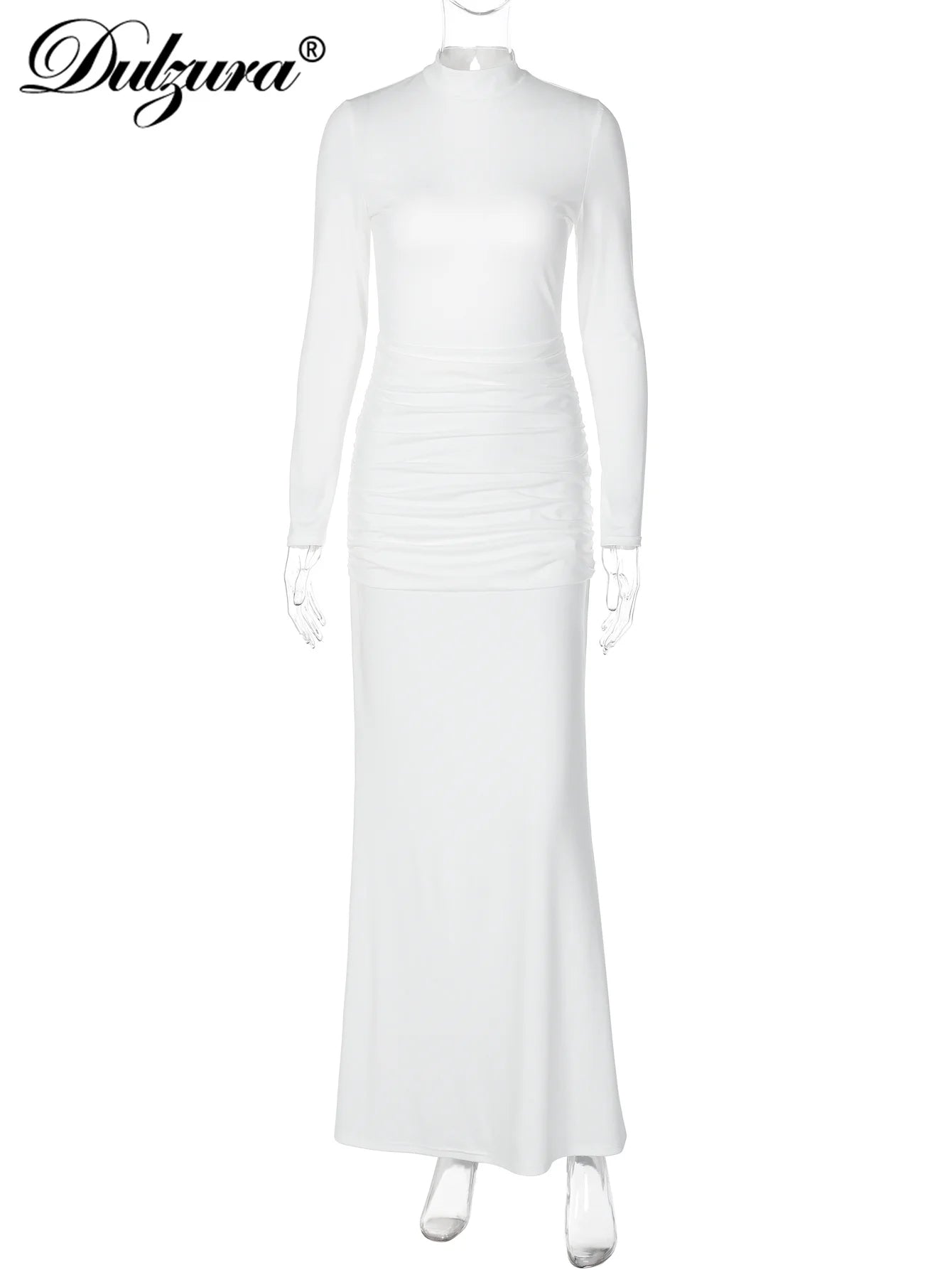 Ruched Backless High-Neck Long-Sleeve Maxi Dress