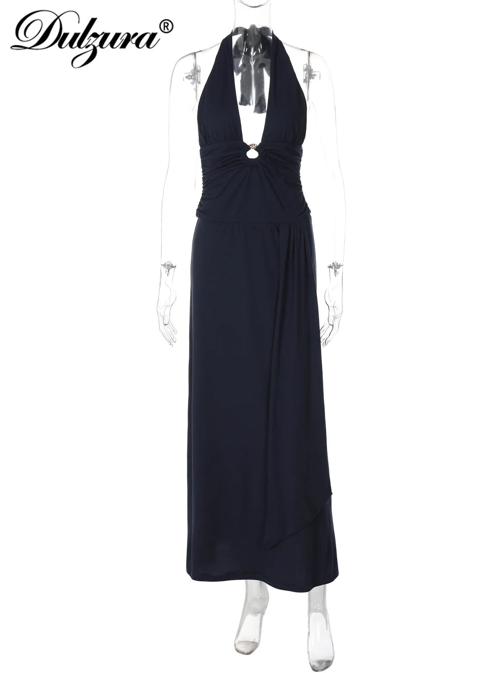 Lace-Up Ruched Backless Halter Maxi Dress