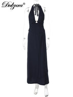 Lace-Up Ruched Backless Halter Maxi Dress