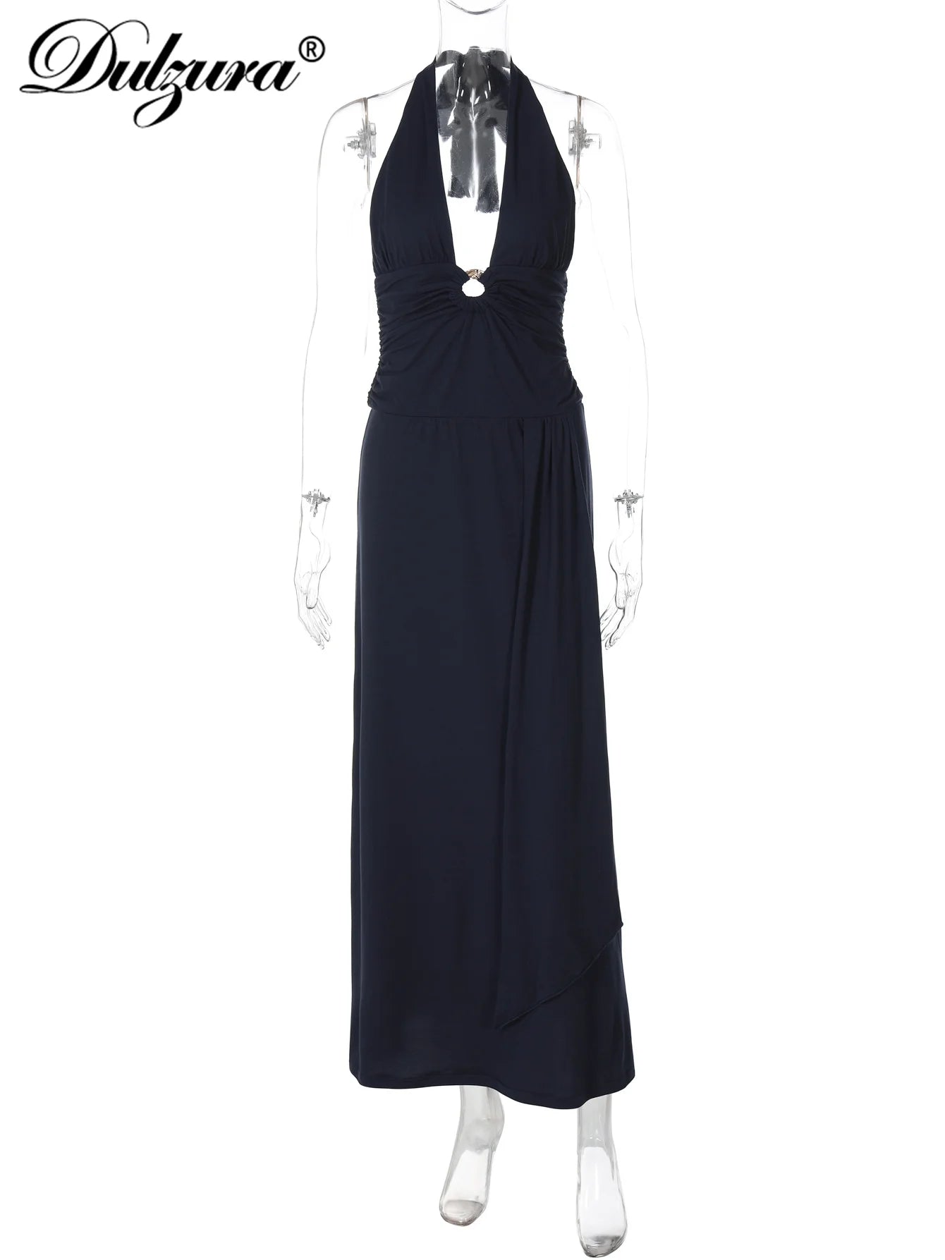 Lace-Up Ruched Backless Halter Maxi Dress