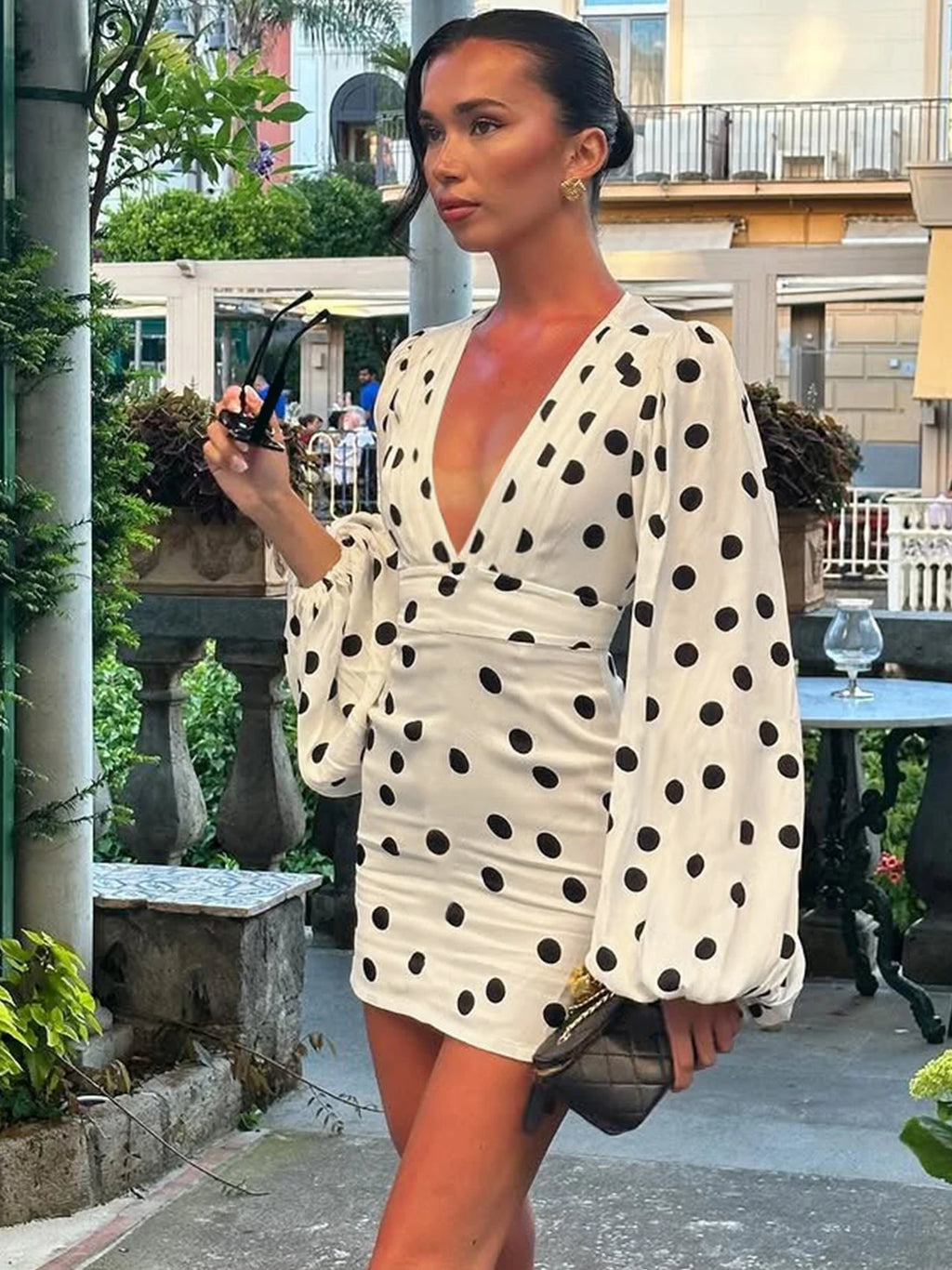 Polka-Dot V-Neck Bodycon Flared Mini Dress