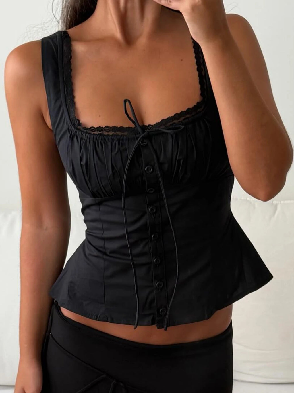 Lace-Up Ruffle Backless Button-Front Tank Top
