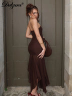 Mesh Sheer Ruched Backless Maxi Dress