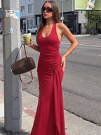 Ruched Backless Side-Slit Tie-Detail Maxi Dress