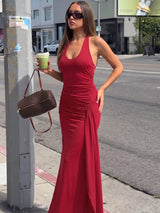 Ruched Backless Side-Slit Tie-Detail Maxi Dress