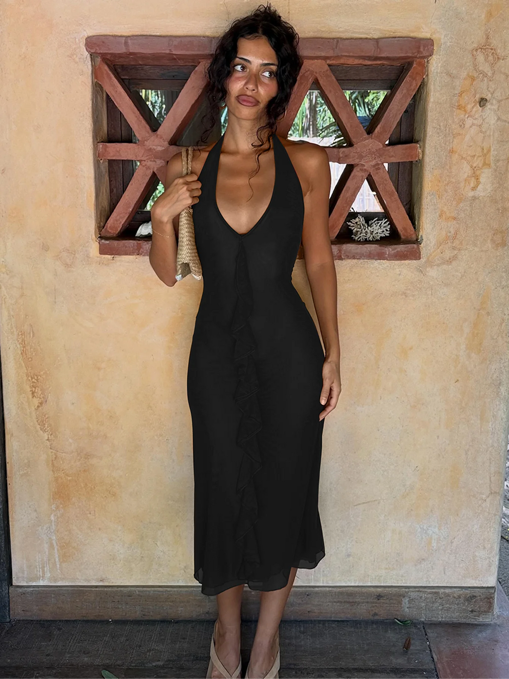 Mesh Backless Halter Sleeveless Midi Dress