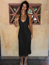 Mesh Backless Halter Sleeveless Midi Dress