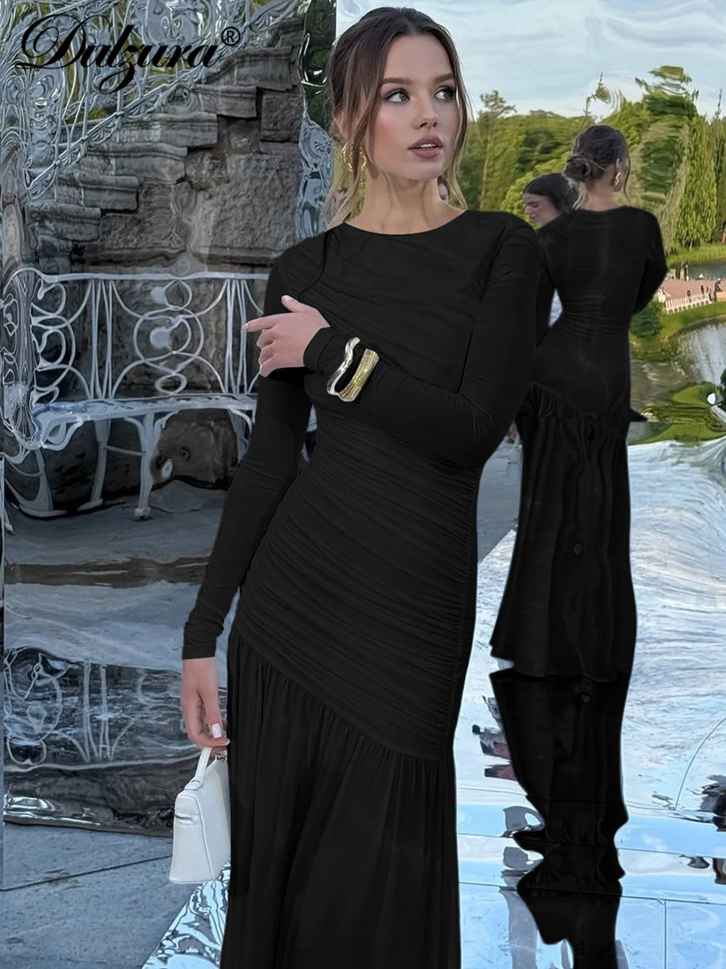 Ruched Pleated Long-Sleeve Slim-Fit Maxi Dress