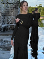 Ruched Pleated Long-Sleeve Slim-Fit Maxi Dress