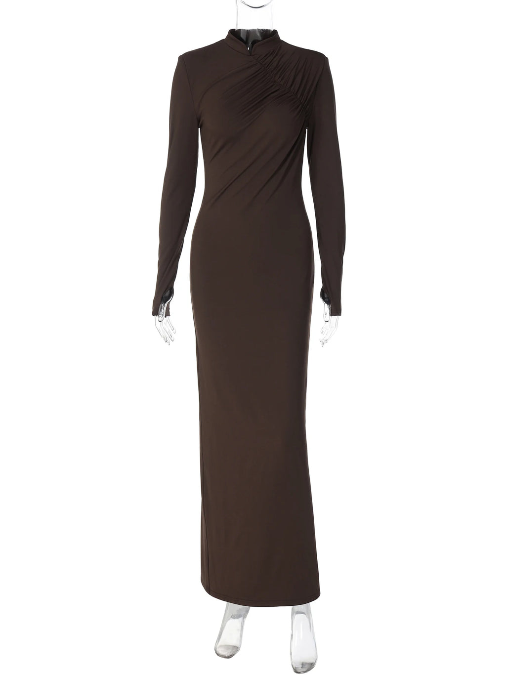 Side-Slit High-Neck Long-Sleeve Maxi Dress
