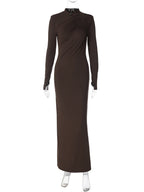 Side-Slit High-Neck Long-Sleeve Maxi Dress