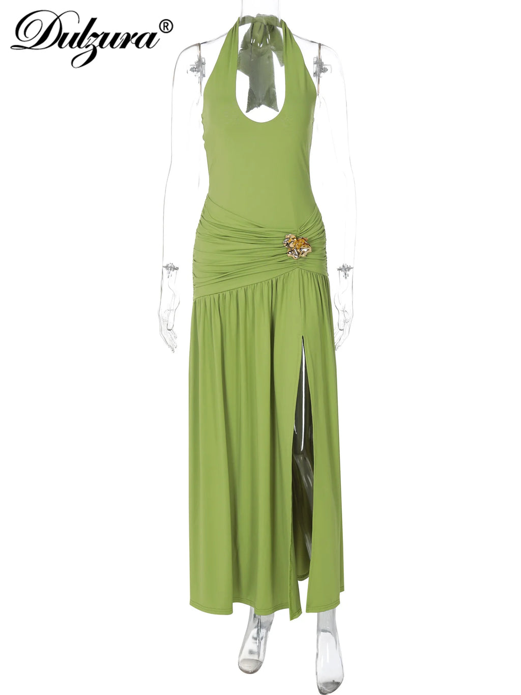 Lace-Up Ruched Pleated Backless Maxi Dress