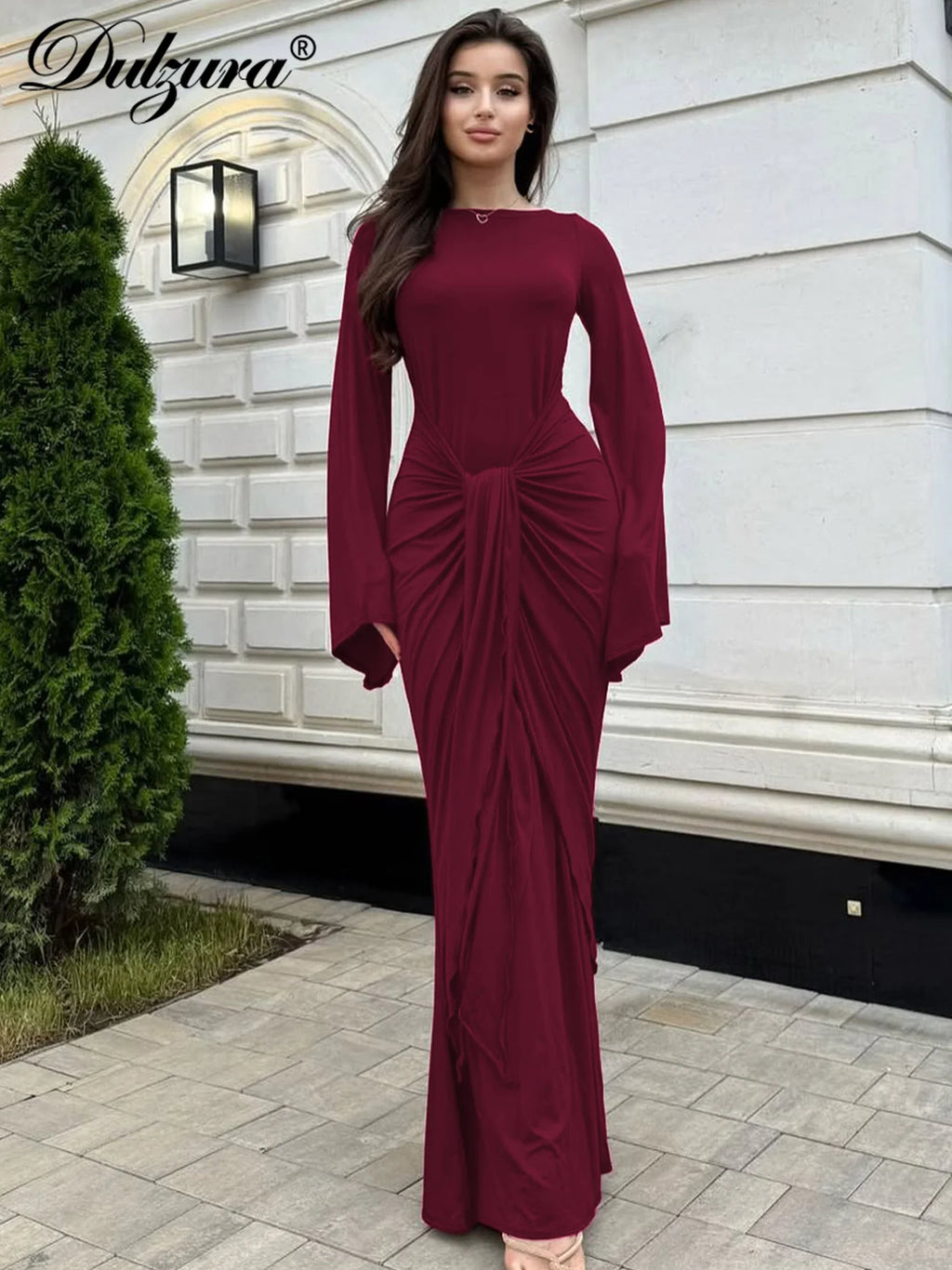 Ruched Tie-Detail Slim-Fit Flared Maxi Dress