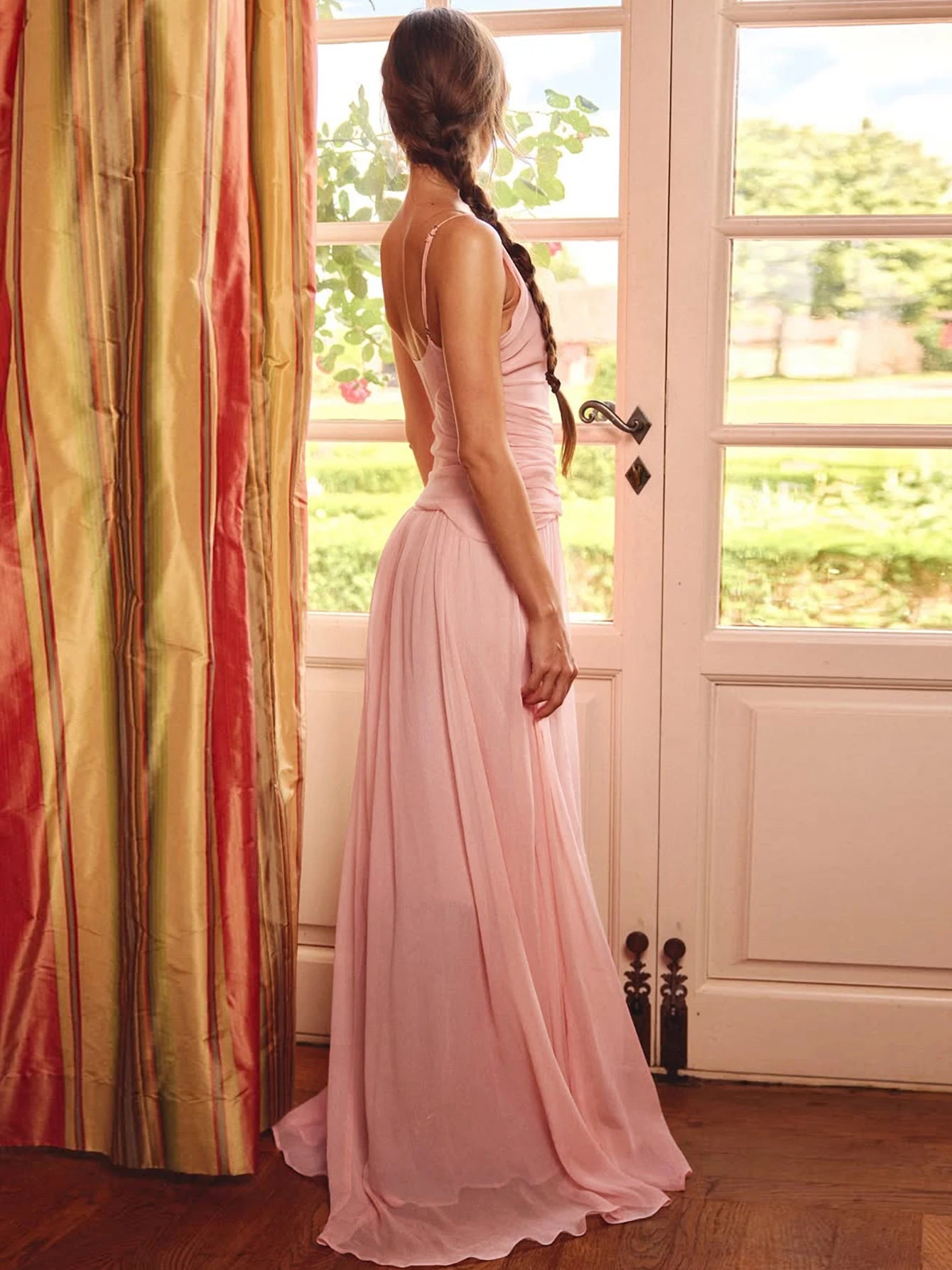 Chiffon Ruched Backless Side-Slit Maxi Dress