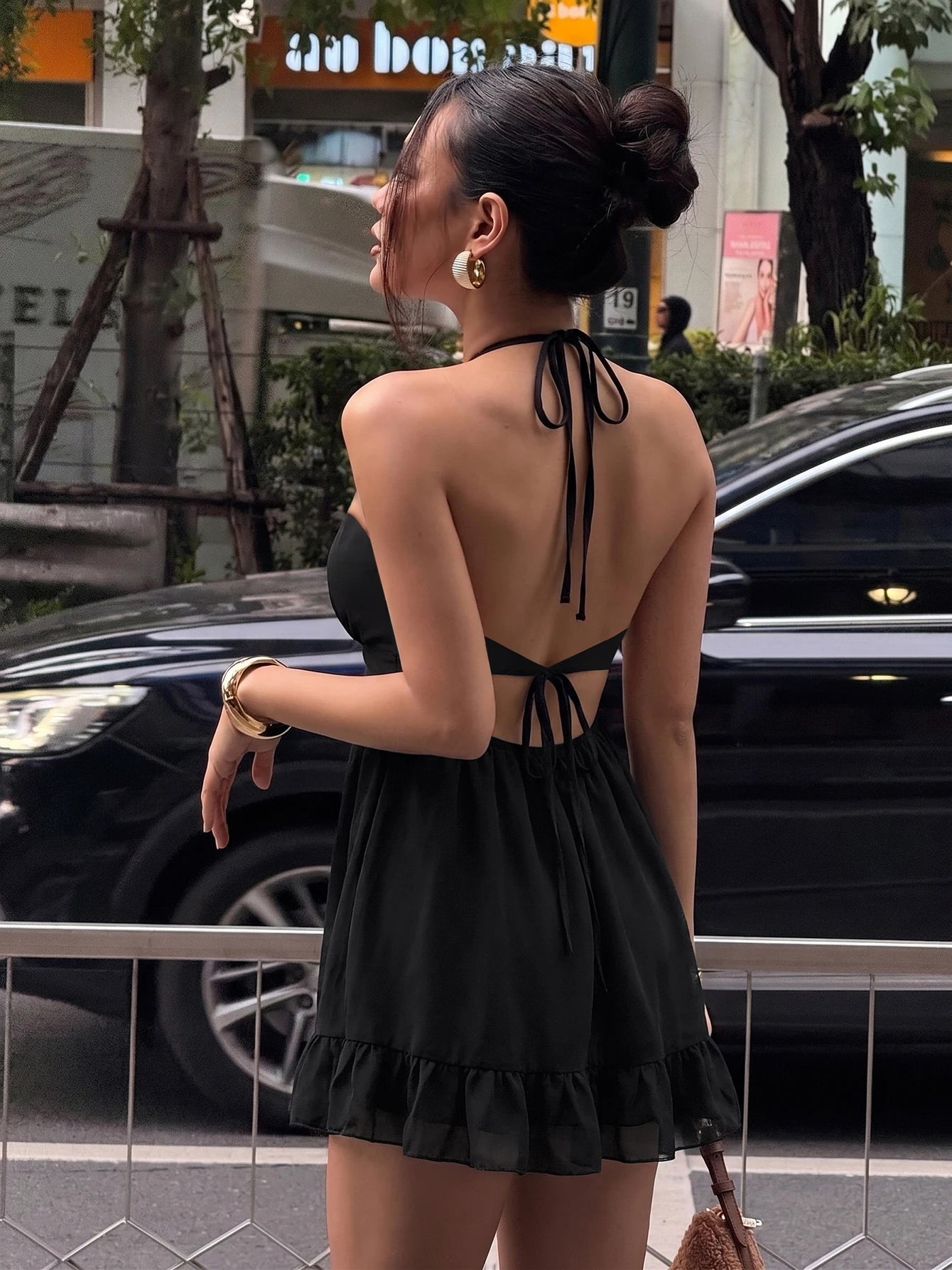 Chiffon Lace-Up Backless Halter Mini Dress