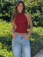 Lace Ruched Ruffle Backless Tank Top