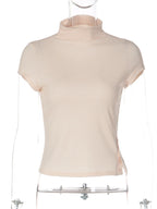Side-Slit High-Neck Short-Sleeve Slim-Fit T-Shirt