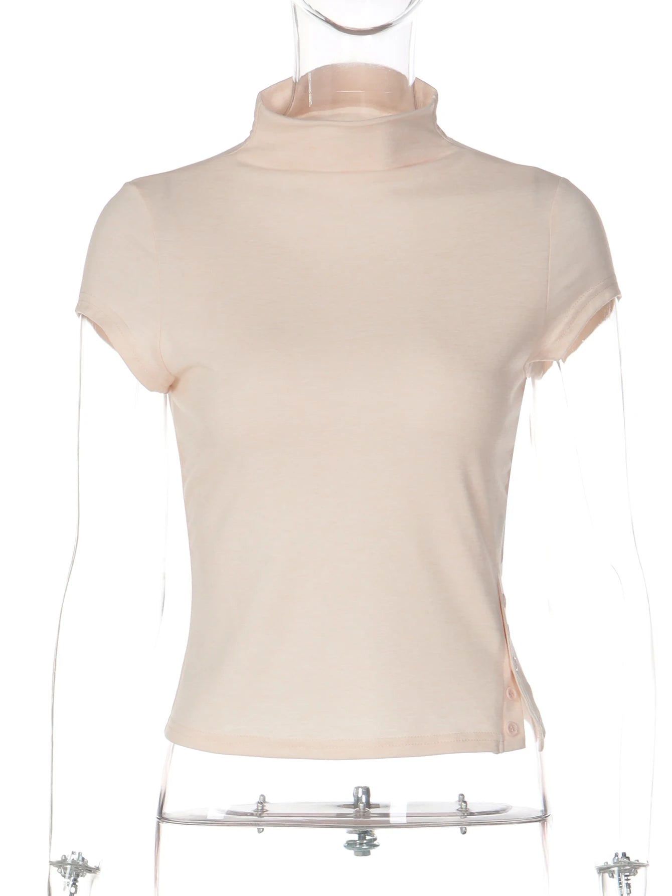 Side-Slit High-Neck Short-Sleeve Slim-Fit T-Shirt