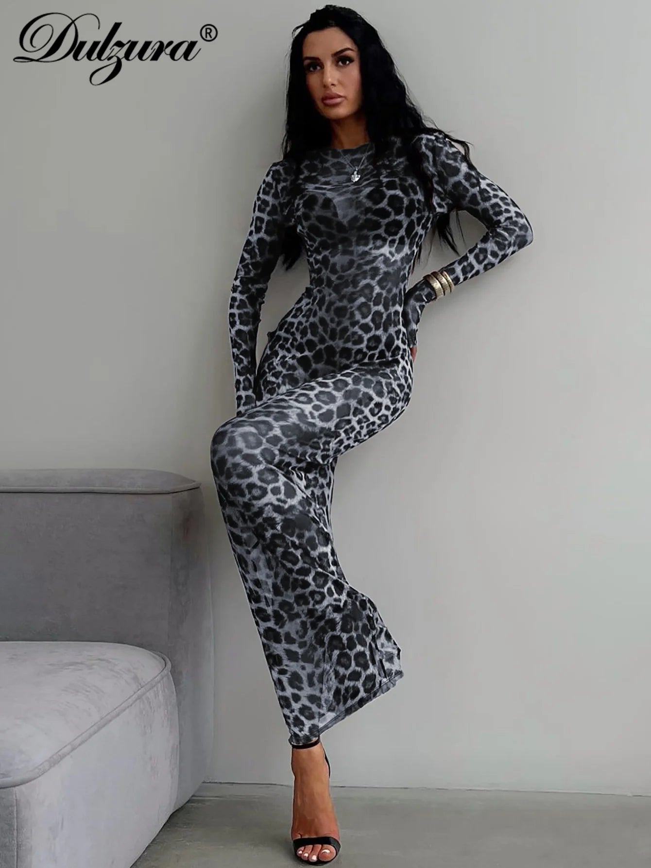 Leopard Long-Sleeve Maxi Dress