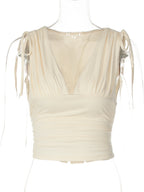 Lace-Up Ruched V-Neck Sleeveless Top