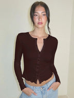 Ruffle Button-Front Long-Sleeve Cardigan