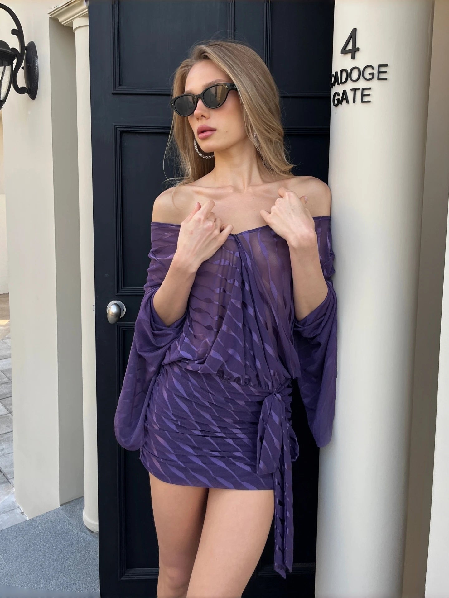Striped Mesh Sheer Lace-Up Mini Dress