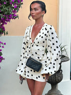 Polka-Dot V-Neck Bodycon Flared Mini Dress