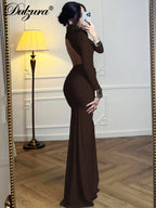 Ruched Backless High-Neck Long-Sleeve Maxi Dress