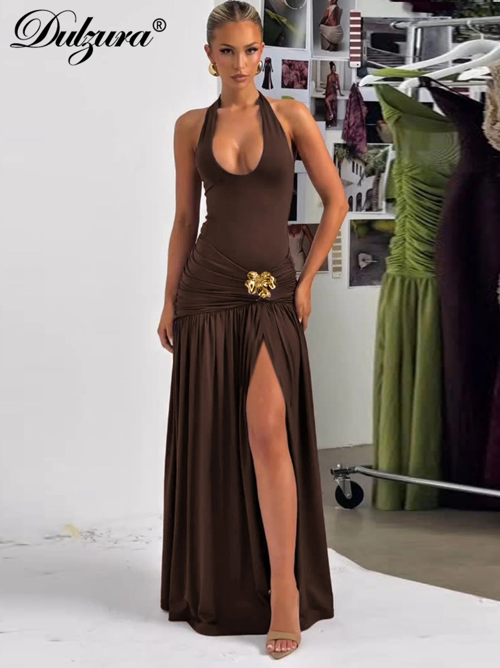 Lace-Up Ruched Pleated Backless Maxi Dress