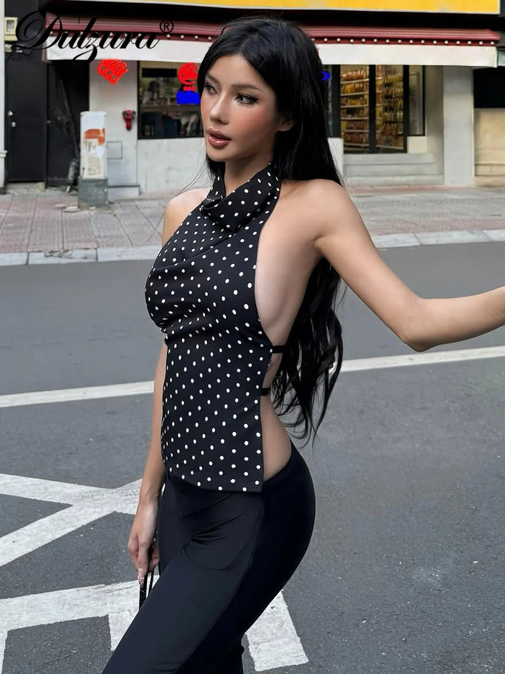 Polka-Dot Backless Halter Sleeveless Tank Top