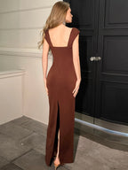 Ruched Backless Side-Slit V-Neck Maxi Dress