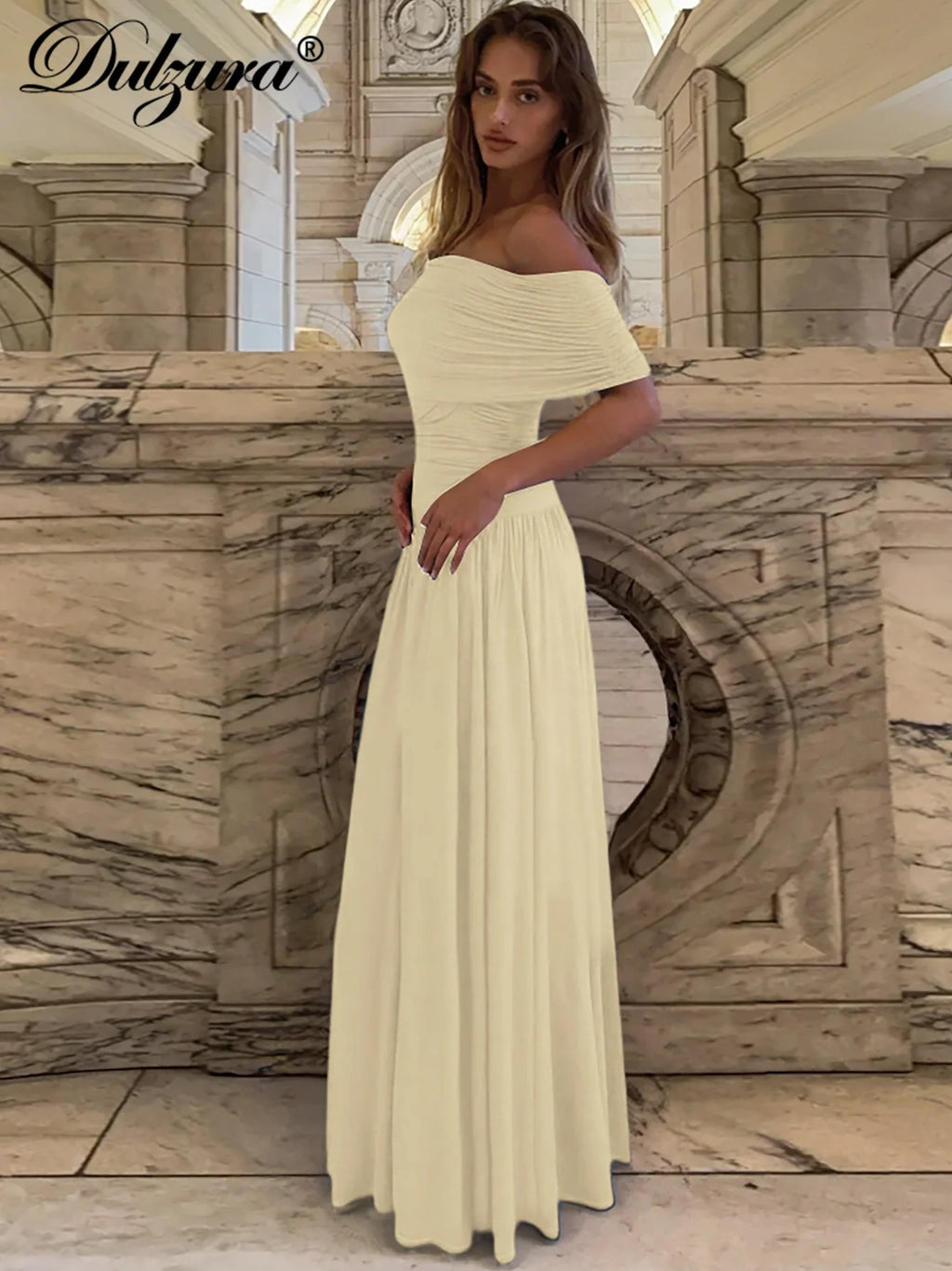 Ruched Pleated Backless Off-Shoulder Maxi Dress