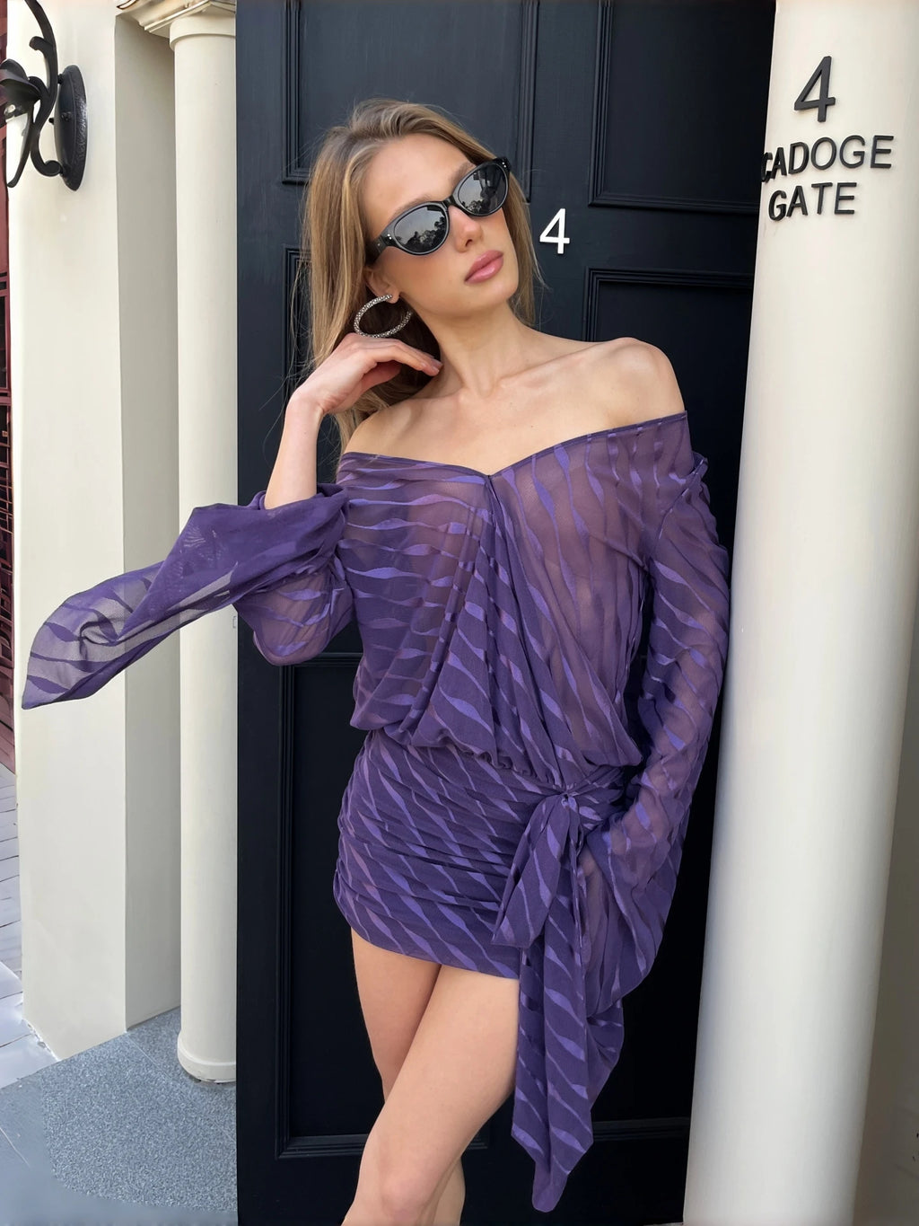Striped Mesh Sheer Lace-Up Mini Dress