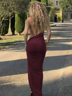 Ruffle Backless Side-Slit Halter Maxi Dress