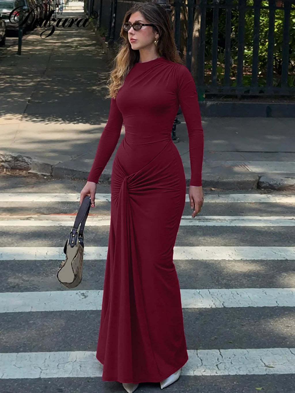 Lace-Up Ruched Long-Sleeve Maxi Dress