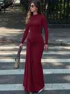 Lace-Up Ruched Long-Sleeve Maxi Dress