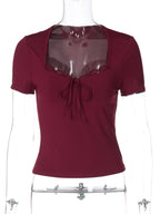 Lace-Up Ruffle Square-Neck Short-Sleeve T-Shirt