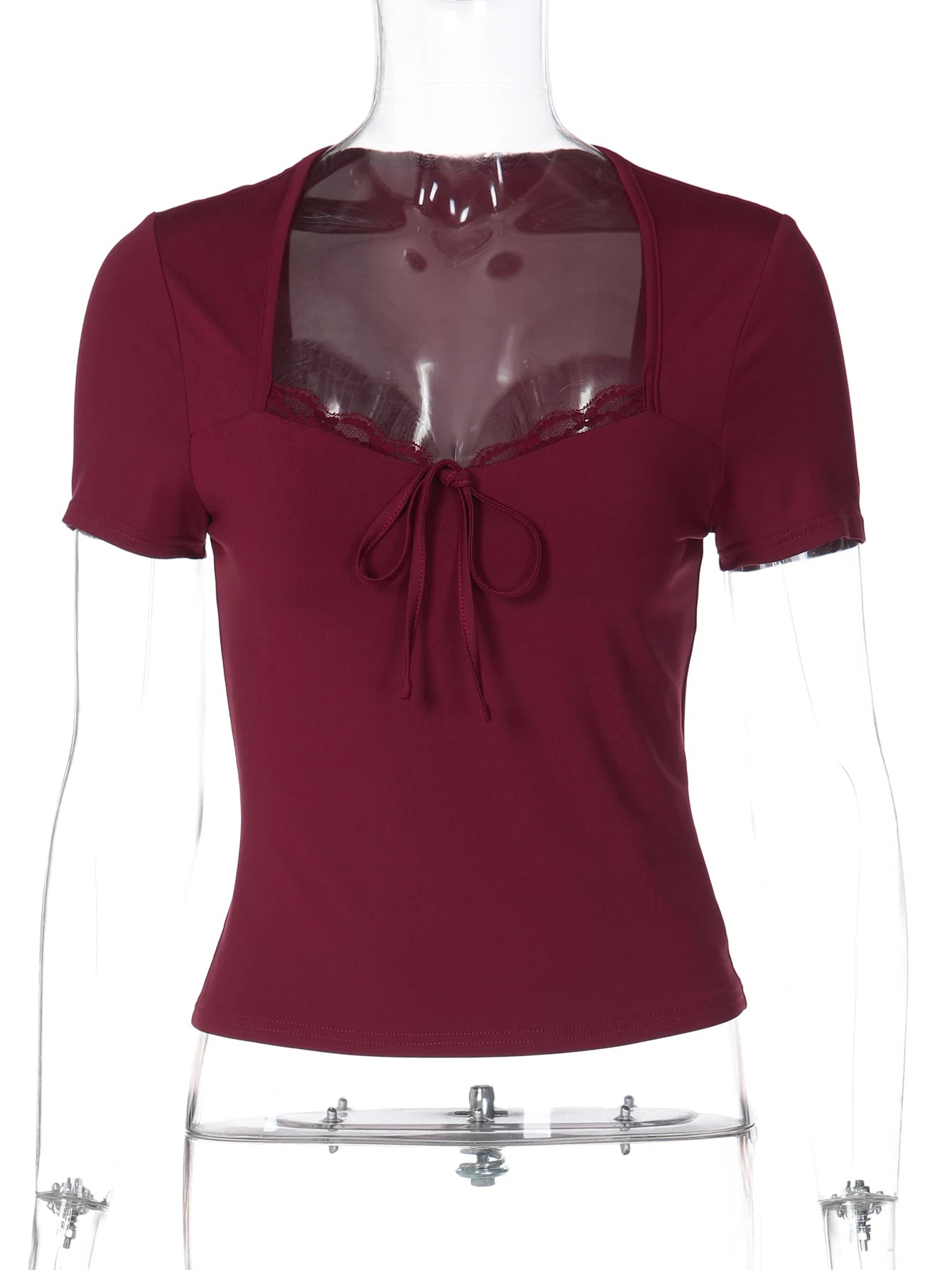 Lace-Up Ruffle Square-Neck Short-Sleeve T-Shirt