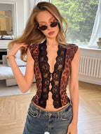 Leopard Mesh Lace Ruffle Top